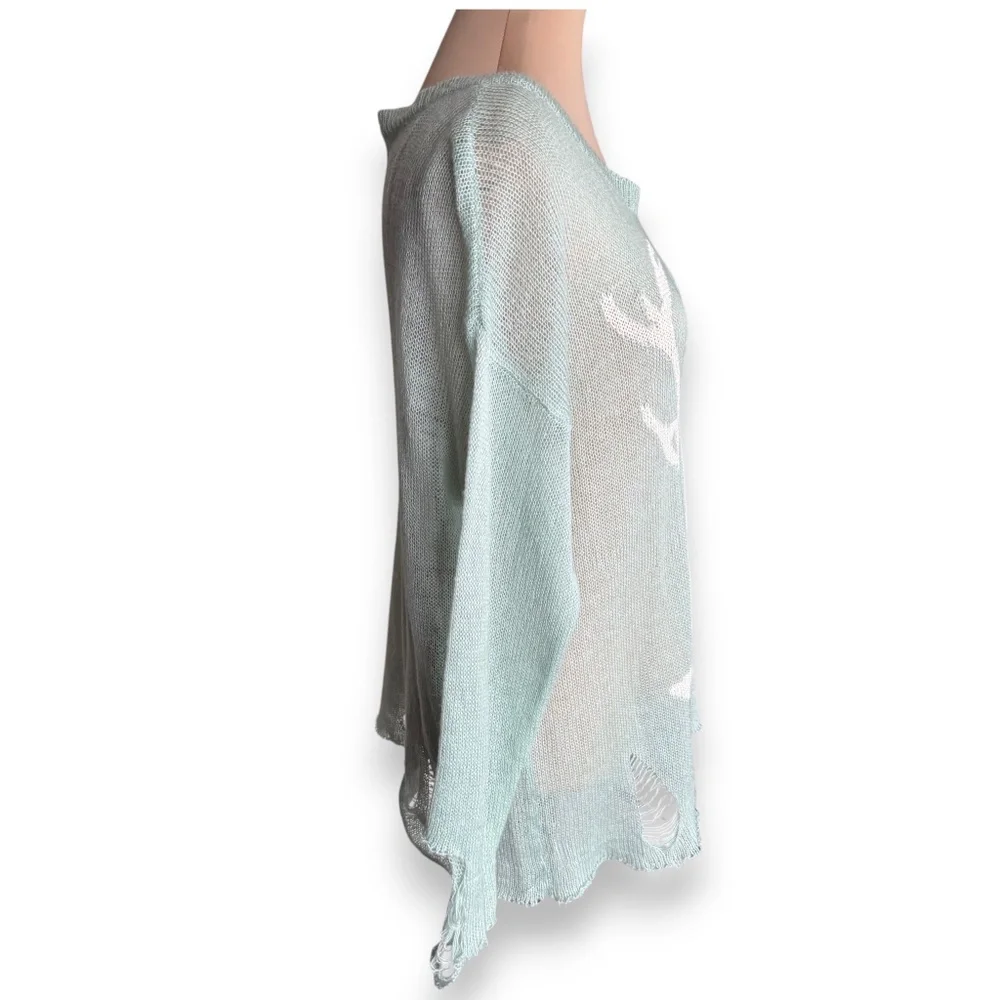 ROMWE mint distressed deer sweater sheer knit long sleeve